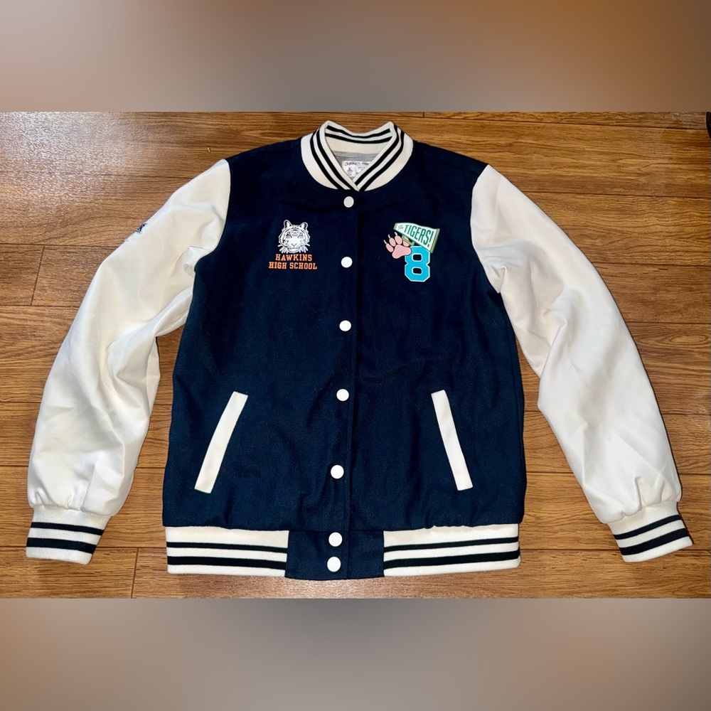 Justice x Stranger Things Varsity Jacket Size L 12/14 Hawkins Bomber Snap Button